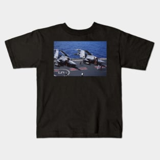 Blackburn Buccaneer fighter jets on board HMS Hermes preparing for exercise in 1969 Kids T-Shirt